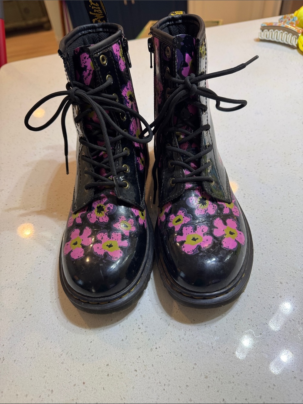 Dr. Martens Black Patent Floral Lace-Up Combat Boots